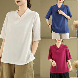 新款图棉麻短袖T恤女夏2025新宽松V领打底衫复古茶艺风上衣太极服