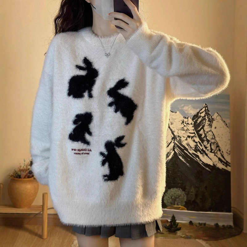 美式学院风白色毛衣女2025秋冬套头圆领针织衫宽松慵懒风上衣|undefined