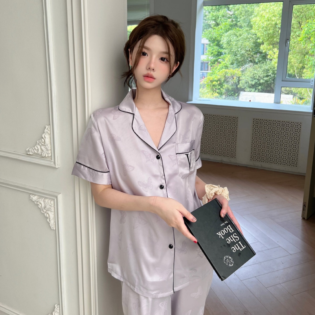 [비미소녀] 반소매 바지 여름 잠옷 여성 자카드 보라색 나비 자수 홈 옷 얼음과 눈