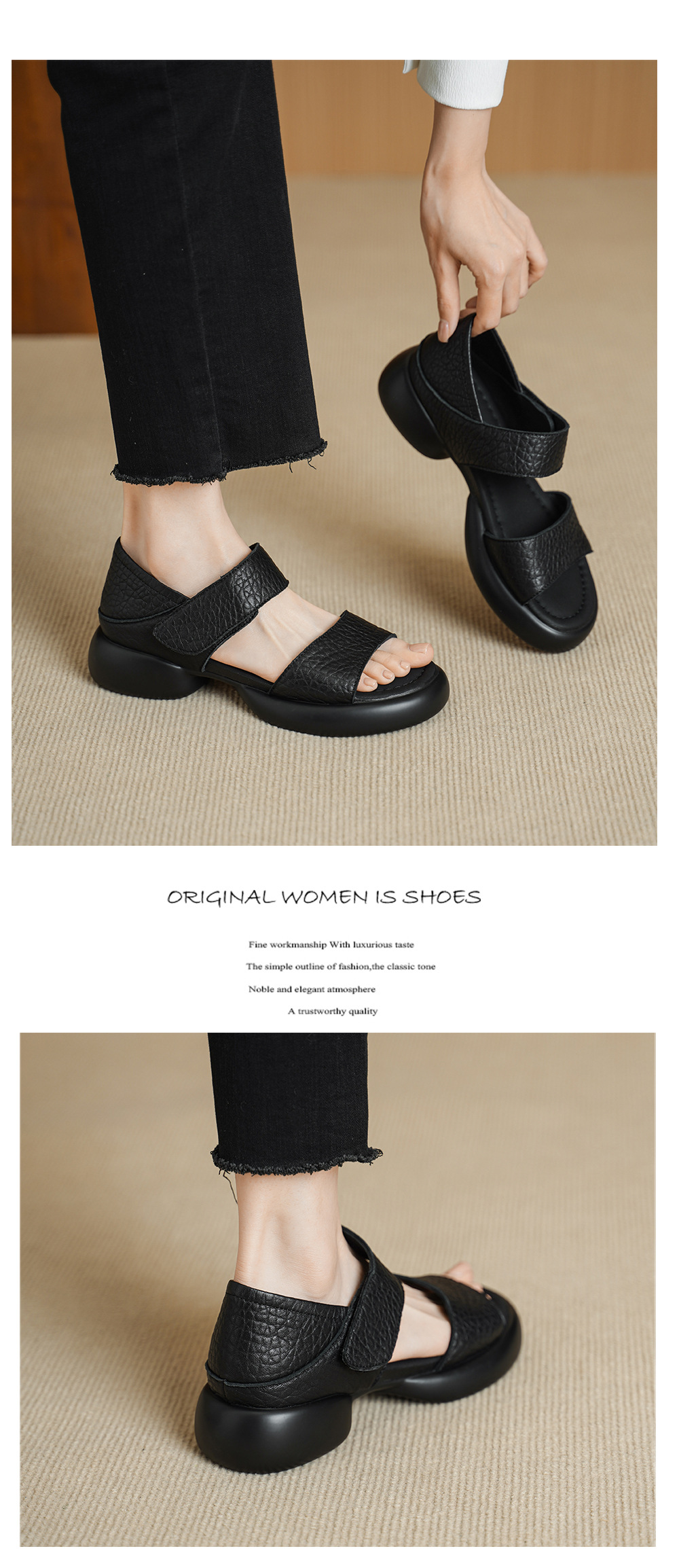 Sandal nữ hở mũi gót vuông 4 cm quai ngang đế dày chất liệu da dê — đen chi tiết 10
