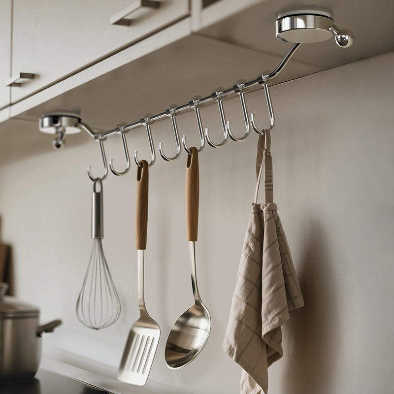 Kitchen Stainless Steel Hooks with a Row of Suction Cups, Punch-Free Storage Rack for Spoons and Spatulas, Wall-Mounted Storage Rack Kitchen Stainless Steel Hooks with a Row of Suction Cups, Punch-Free Storage Rack for Spoons and Spatulas, Wall-Mounted Storage Rack