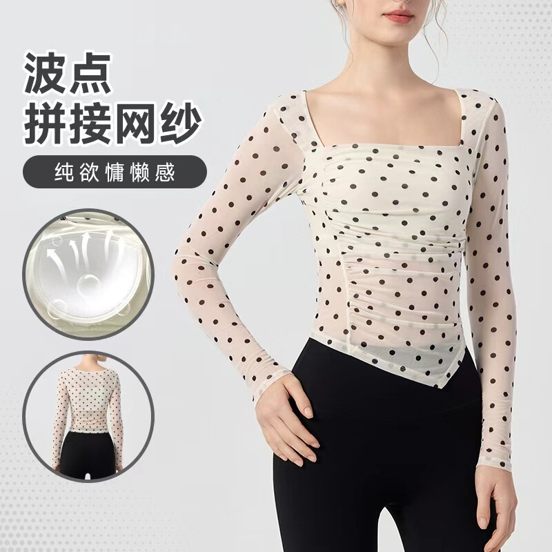 Retro Polka Dot Yoga Wear Long-Sleeved Women's Sports T-Shirt with Chest Pad Mesh Pleated Sports T-Shirt Slimming Look Fitness Top