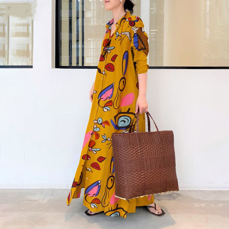 Office, Indoor, Daily Occasion Wholesale Women's Vintage Style Bohemian Commute Style Printing Printing Office Indoor Daily Turndown Long Sleeve Swing Dress