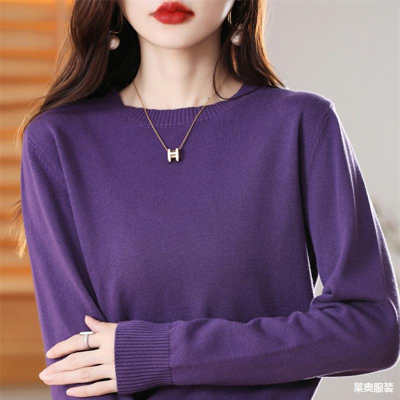 Spring and Autumn 100 Cotton Knitted Sweater Women's Round Neck Solid Color Long Sleeve Thin Top Loose Pullover Sweater with Base
