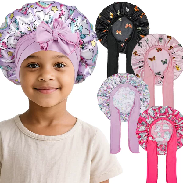 Children's Strappy Printed Nightcap, Cute Unicorn Elastic Streamer Hair Care Cap, Shower Cap, Kidsren's Satin Nightcap