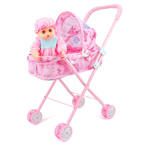 One piece drop shipping baby stroller toy mini simulation doll reinforced iron large stroller with canopy wholesale
