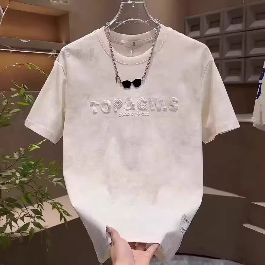 Camiseta de manga corta para hombres de verano, seda de hielo transpirable, nuevo estilo retro jacquard casual, suelto, versátil, cuello redondo, chaqueta de moda