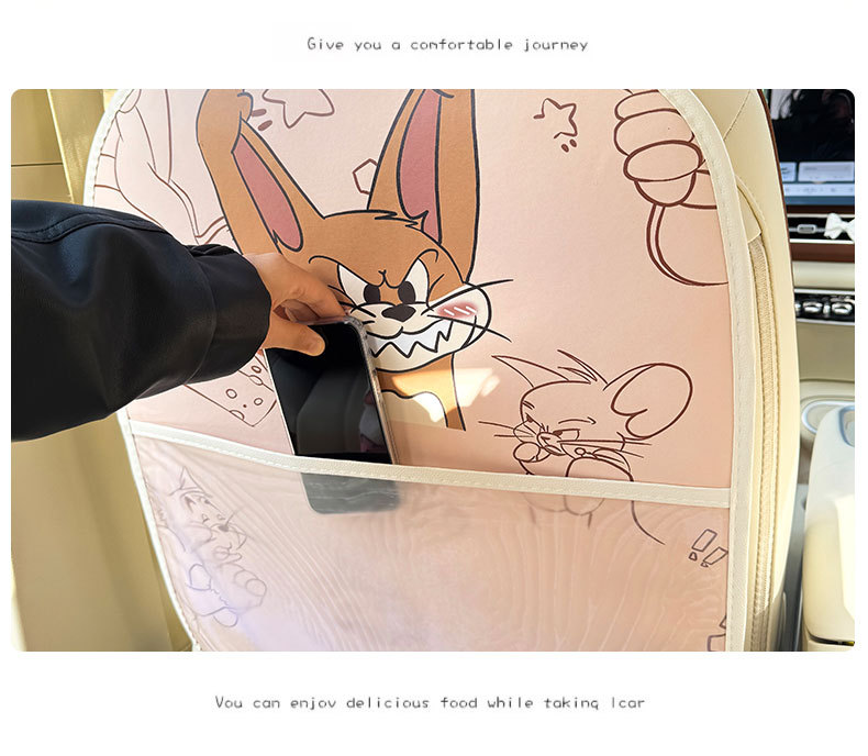 Cat and Mouse Cartoon Car Seat Back Anti-Kick Pad Car Seat Back Anti-Dirt Pad with Storage Bag