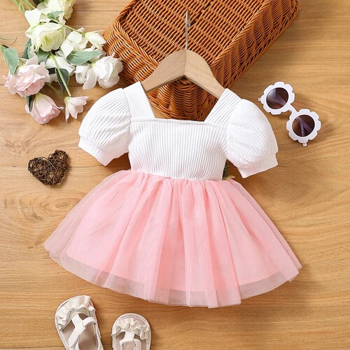  Summer New Korean-style Dress for Girls, Children's One-Year-Old Birthday Gown, Floral Mesh Princess Dress
