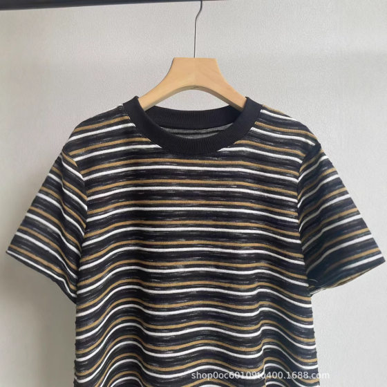 Black and White Striped Slit Short-Sleeve 25 Summer New Rolled-Edge Sleeve Loose Slimming Versatile Ribbed Design Round Neck T-Shirt