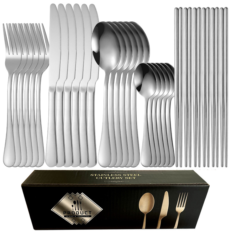 24 개 세트 [실버] 칼 6 개, 포크 6 개, 스푼 6 개, 작은 스푼 6 개, 젓가락 6 개
