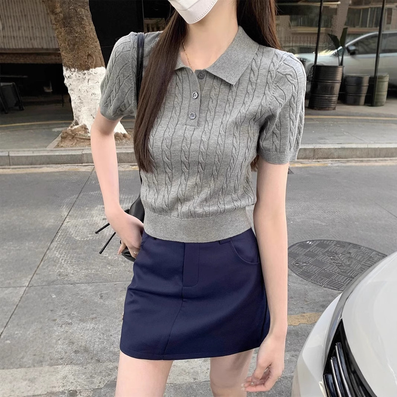 Amito Polo Collar Hemp Pattern Shoulder Base Small Short Knitted Top All-match Knitted Short-sleeved Women Amito Polo Collar Hemp Pattern Shoulder Base Small Short Knitted Top All-match Knitted Short-sleeved Women
