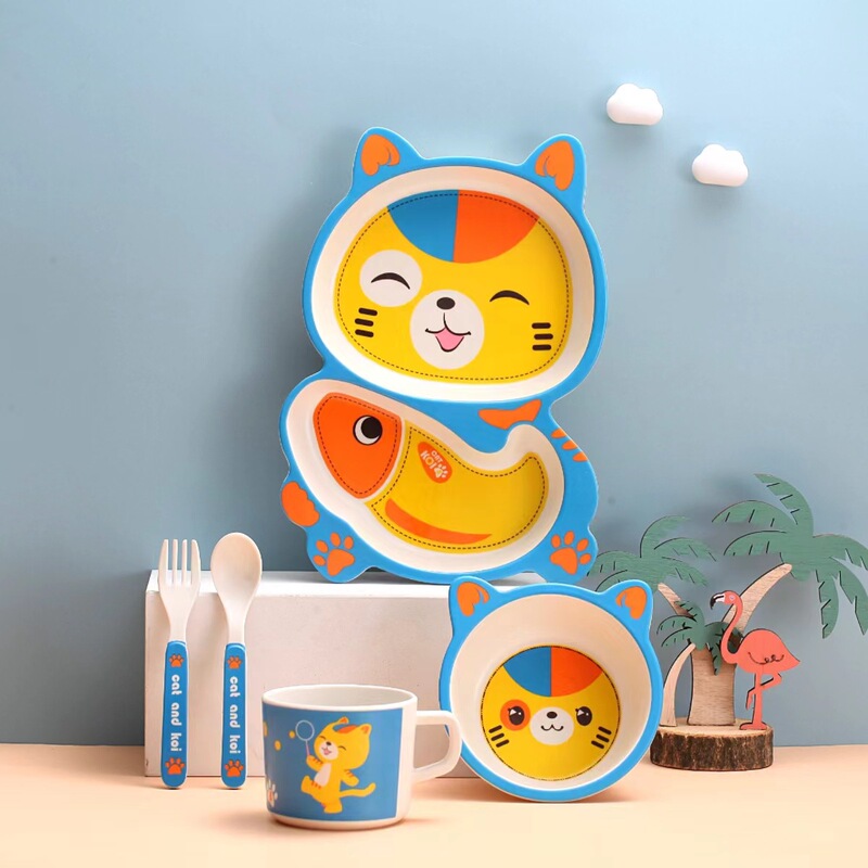 Children's Bamboo Fiber Tableware, Drop-resistant, Soup-proof, Baby Food Bowl, Cartoon Cute Partitioned Dinner Plate, Fork, Spoon, Cup Set