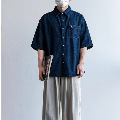 2025 Summer New Japanese Retro Workwear Blue Denim Short-Sleeve Shirt for Men and Women Loose Couple's Shirt Jacket