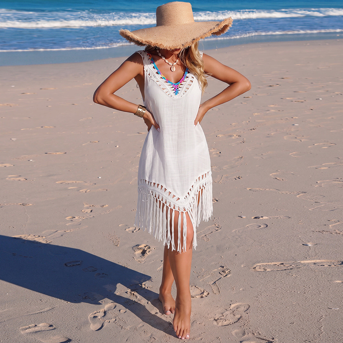 Cross-border vacation patchwork colorful crochet tassel V-neck pullover hollow-out sheer beach bikini cover-up dress