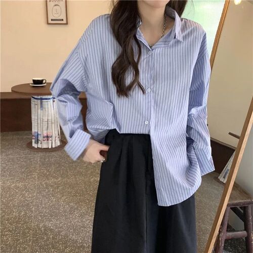 Women's Striped Shirt Korean Style Spring and Autumn New French Unique Design Sense Minority Versatile Relaxed Loose Long Sleeve Blouse