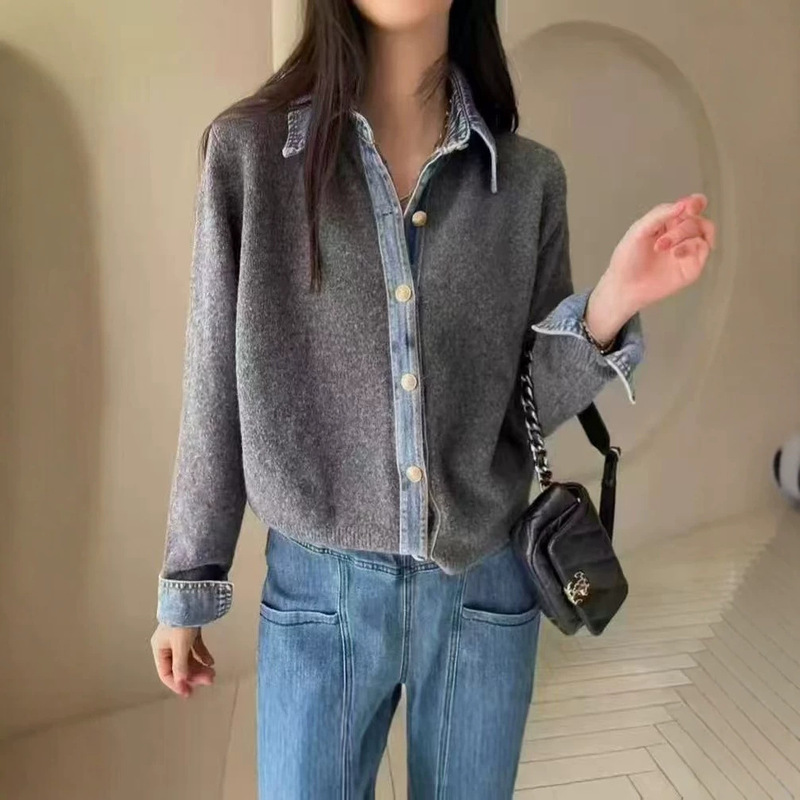 Japanese and Korean style patchwork denim design knit cardigan, 2026 autumn/winter new collection, loose and casual sweater coat for women
