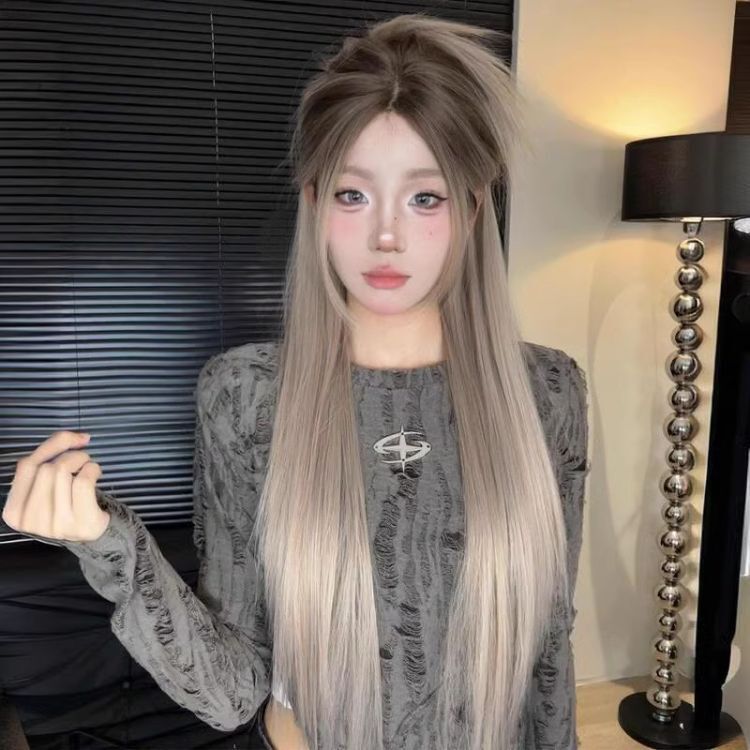 Wig for Women, Full Headgear, New Style, Lace Front, Long Straight Hair, Middle Parted, Gradient Chocolate, Dyed Top, Full Wig Set