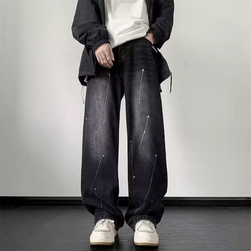 American vibe fashion brand jeans men's 2025 new Korean fashion high street loose straight trousers men's explosion