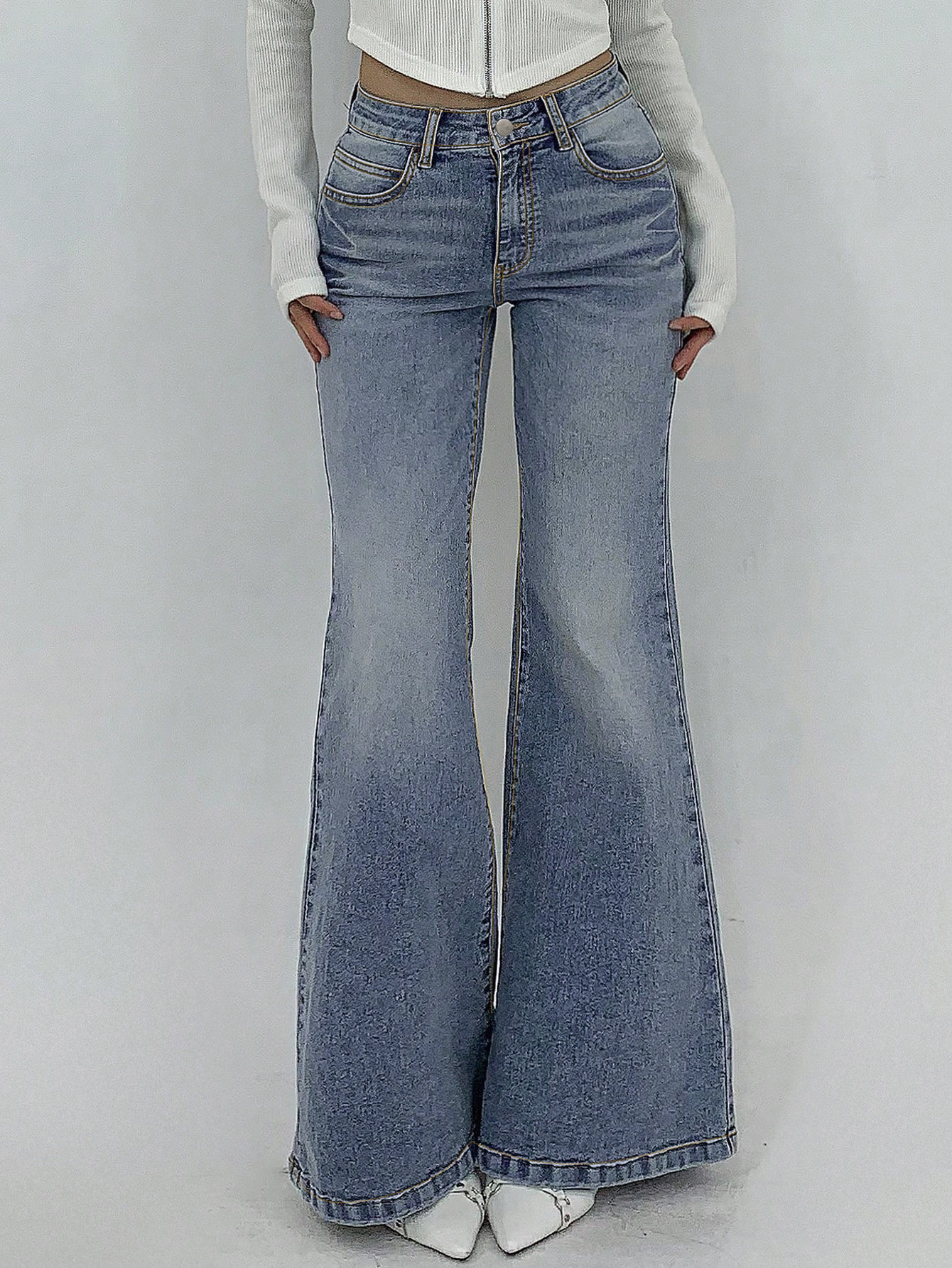 Women's Clothing High Waisted Flared Jeans, Street Style, Stretchy Slim Fit, With Pockets, Slightly Flared._ecoleips.com