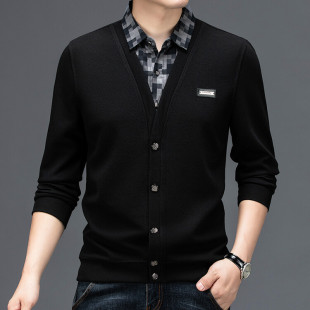 Kedingsen Stitching Sweater Men's Shirt Collar Fake Two-Piece Middle-Aged Business Casual Bottoming Knitted Outer Wear Cross-Border