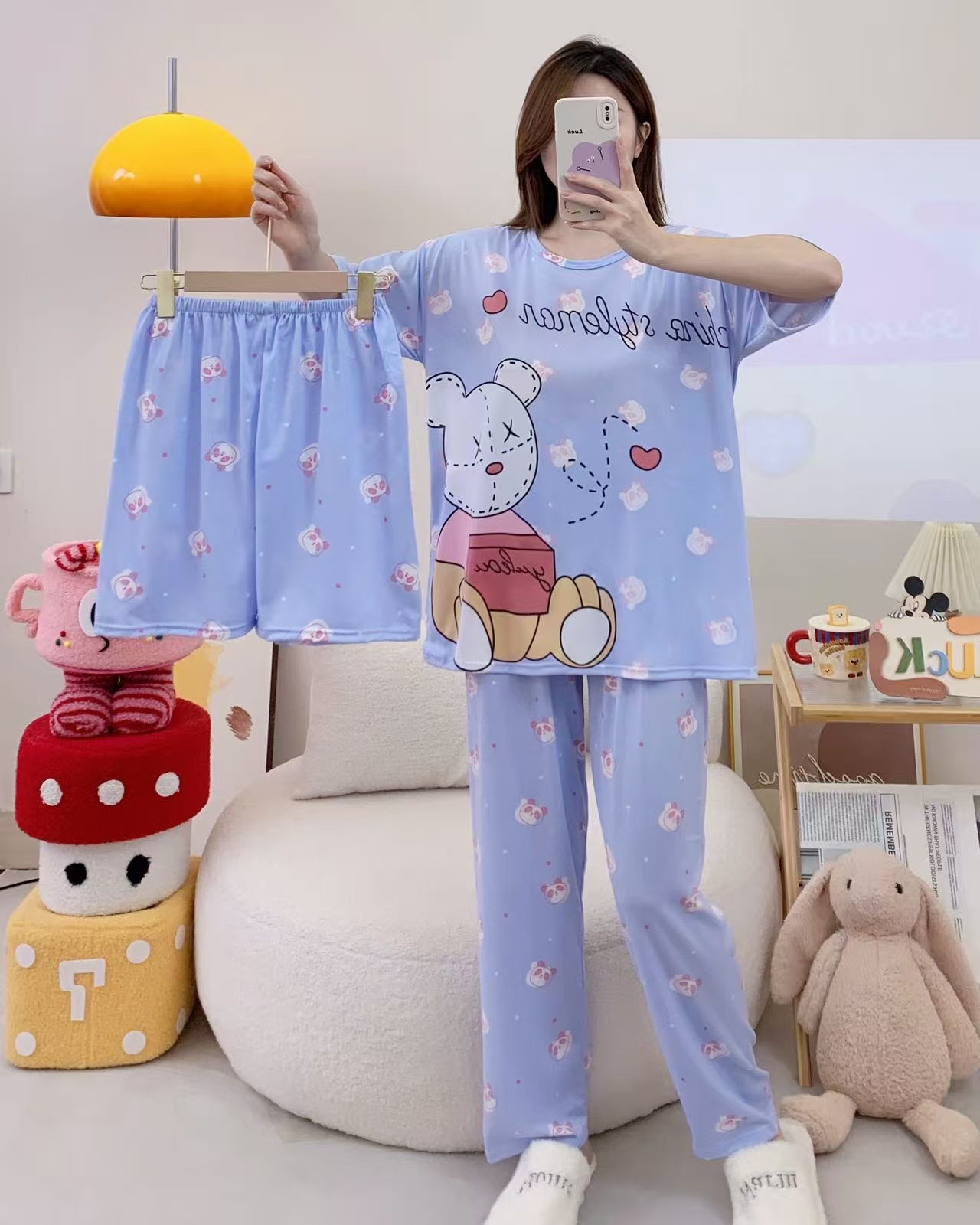 Pijamas de verano transfronterizos pijamas de leche de seda de tres piezas set de dibujos animados comercio exterior ropa para el hogar pantalones de mangas cortas lindos