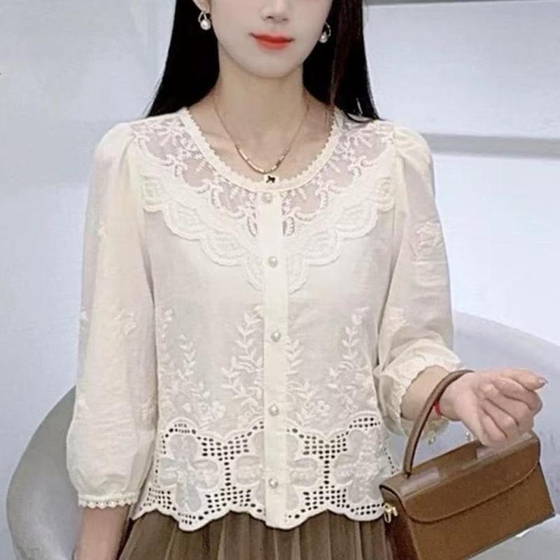 棉新款早秋七分袖衬衫女新款淑女小衫宽松甜美百搭上衣女杏色|undefined