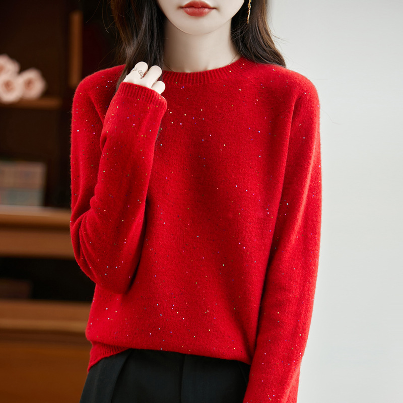 Autumn and Winter New Sequin Knitted 100% Wool Sweater Women's Round Neck Loose Sweater Women's Fashion Long-Sleeved Top