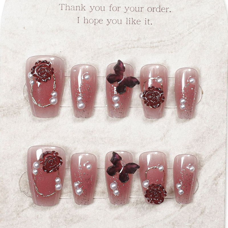 10 piezas de taladro de uñas hechas a mano, uñas medianas y largas, color rojo vino, sensación blanca de alto nivel, parche de uñas hechas a mano, uñas falsas