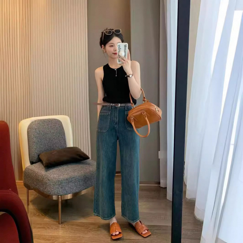 Lightweight Breathable Versatile Large Pocket Loose Straight Cropped Wide-Leg Jeans for Women Summer