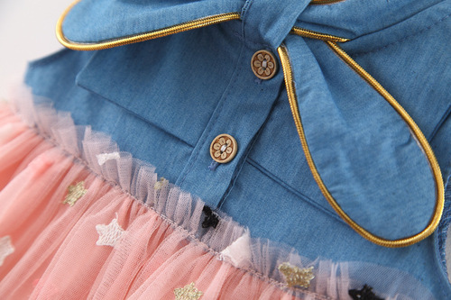 Korean-style denim skirt for girls, summer children's ruffled mesh dress—stylish, trendy princess-style skirt available for direct shipping.