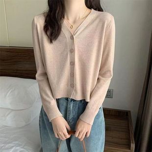 Spring and Autumn V-neck outerwear cardigan thin loose slim and versatile sweater short long-sleeved top women's jacket gentle