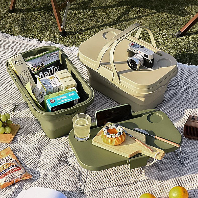 Cesta de almacenamiento portátil plegable para exteriores, cesta de picnic grande con tapa