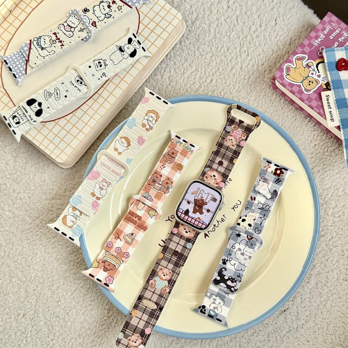 Line Cartoon Three-Bead Magnetic Silicone Watch Strap Suitable for Apple Watch iWatch 11 Generation 10/987Ultra/Se