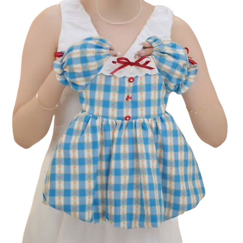 [Xianning Seven] Niñas 2025 verano nuevo estilo francés cintura todo fósforo capullo de muñeca cuello de muñeca vestido a cuadros