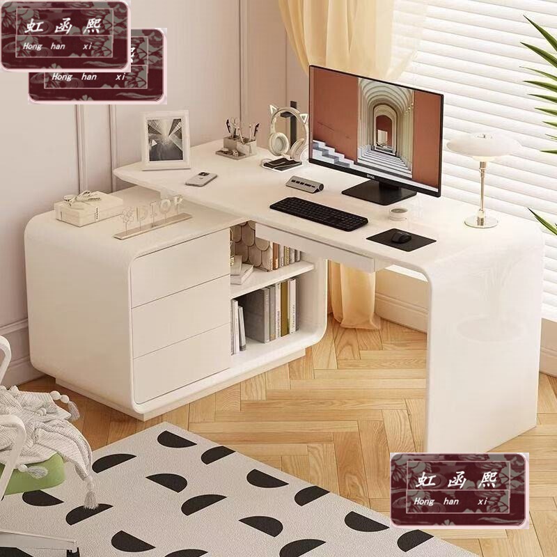 Light Luxury Corner Retractable Desk French Cream Style Office Computer Desk Bedroom Small Apartment Bookcase Integrated Desk Study