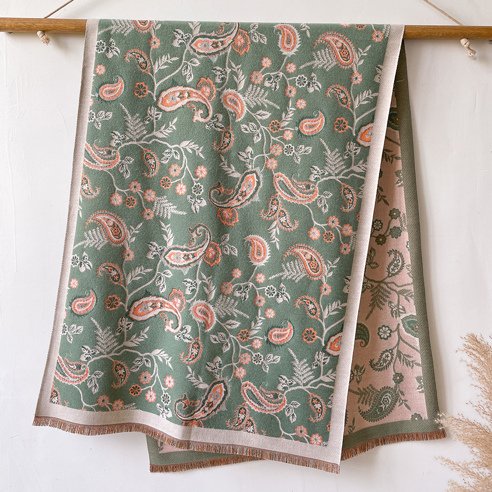 Nuevo estilo étnico Flor de anacardo artístico versátil bufanda de Cachemira de doble cara otoño e invierno cálido aire acondicionado bufanda