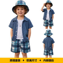 跨境夏季男童格子薄款翻领衬衫短袖短裤休闲套装透气外贸定制童装