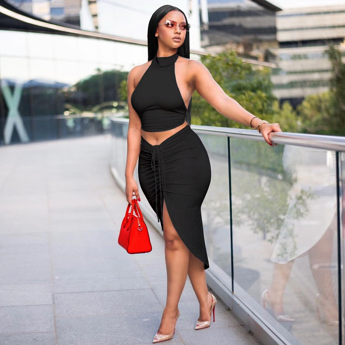 Summer Women Clothing Solid Color round Neck Cropped Backless Top Drawstring Mid Length Dress Set