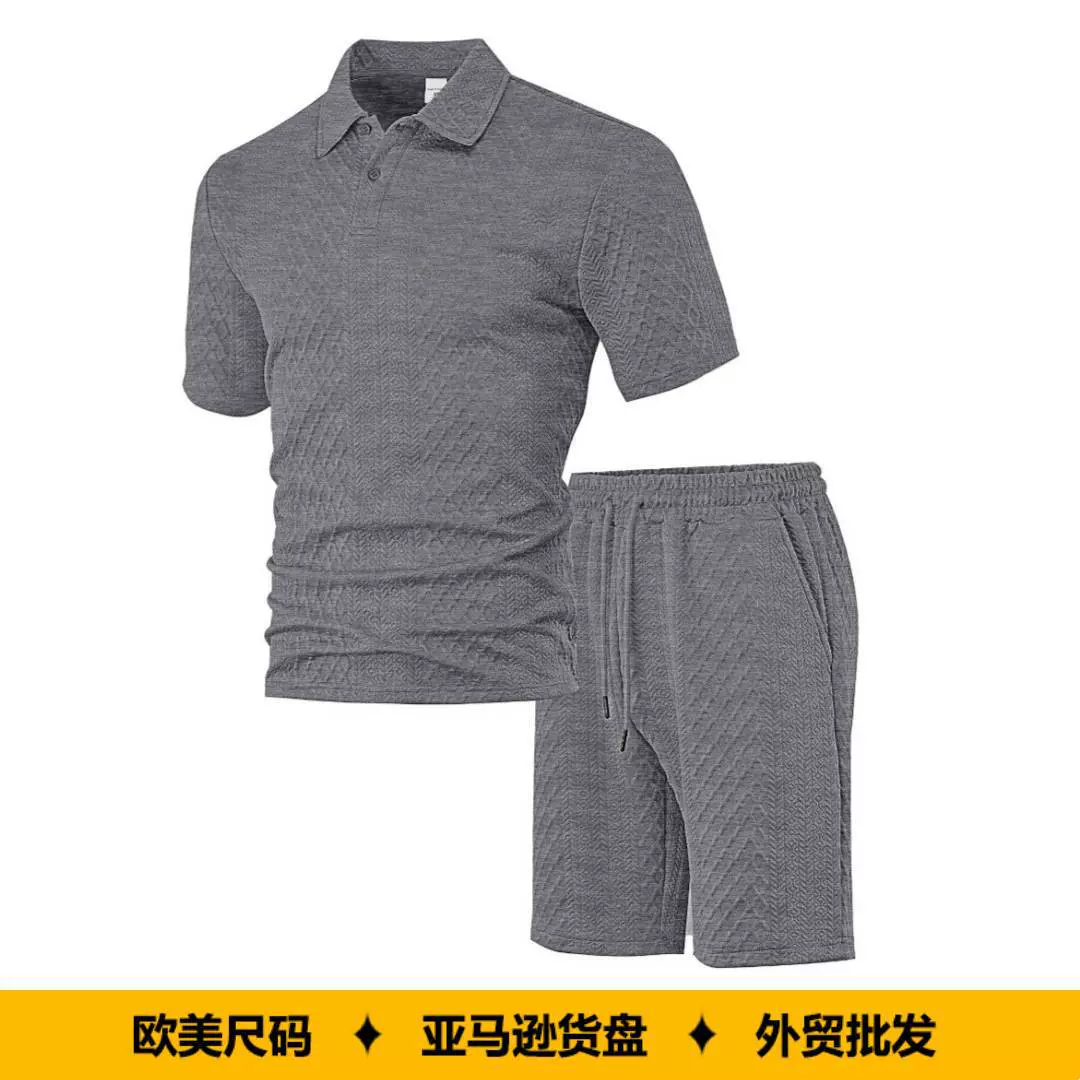 跨境亚马逊欧美男提花纯色休闲运动大码宽松透气弹力短袖短裤套装
