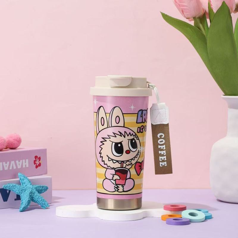 かわいい漫画の魔法瓶カップ、見栄えの良いラブブダブルストローカップ、LABUBUウォーターカップ、カーコーヒーカップ|undefined