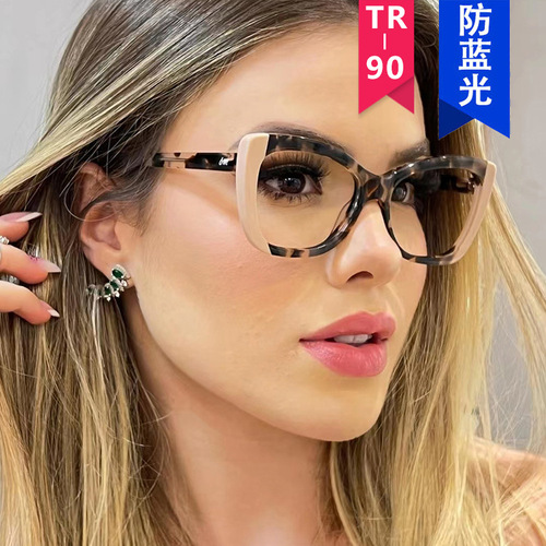 Cross-border European and American cat-eye glasses frame TR90 anti-blue light color-blocking flat glasses without makeup retro personality street style glasses frame