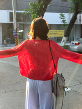 蝴蝶结刺绣红色短款针织开衫女夏季薄款外搭冰丝防晒外套披肩上衣