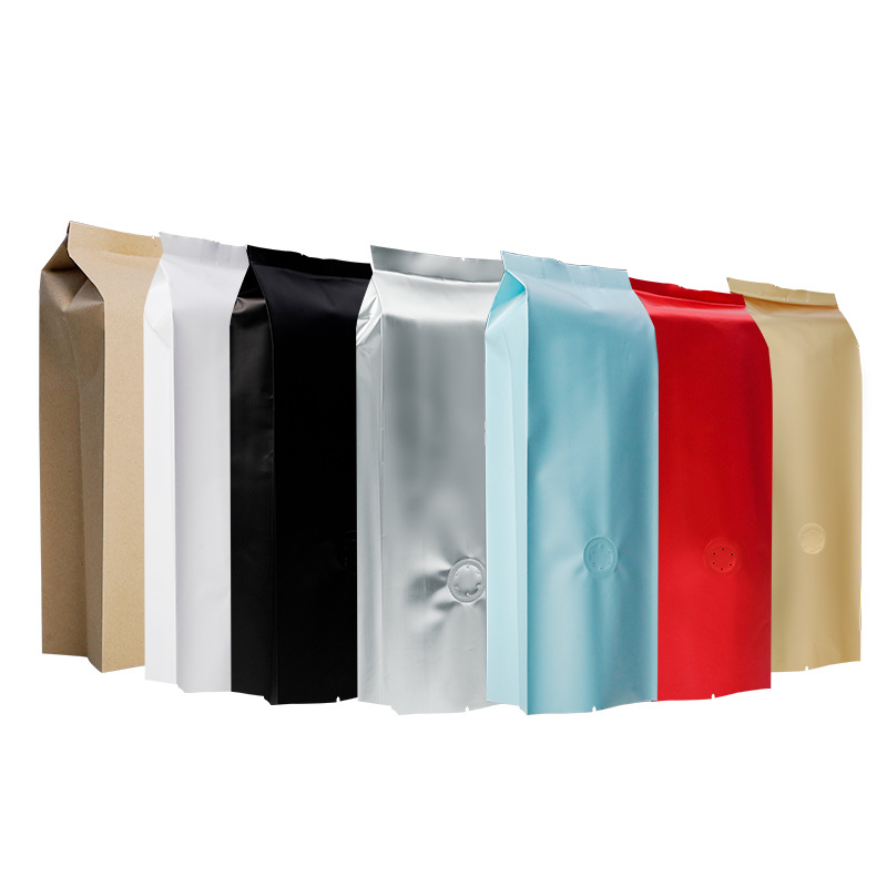 Colores de té de café aluminizado, órgano, autoportante, bolsa de embalaje de válvula de aire, papel kraft, papel de aluminio, bolsa de alimentos con sello trasero