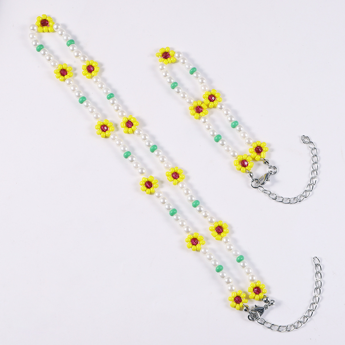 2022 New Bohemian Style Handmade Weave Pearl Bead Crystal Necklace Bracelet Set