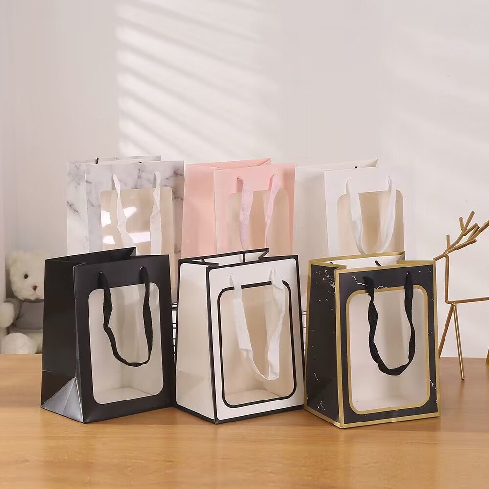 厂家批发透明橱窗袋 情人节鲜花礼品包装礼袋 开窗礼物手提包装袋