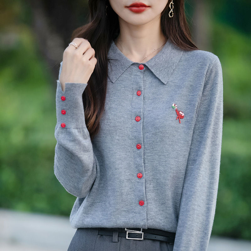 别致轻奢Polo领针织开衫外套女烫钻衬衣领毛衣纽扣春秋打底上衣冬
