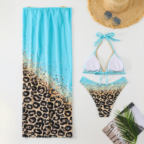 2025 European and American sexy multi-color chain bikini three-piece printed tie-up swimsuit bikini