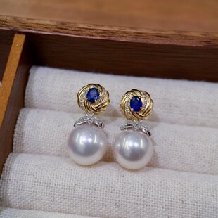 18K Gold Oval Sapphire Earrings, Detachable Two-Wear Sapphire 45-Point Diamond, 25 Points, 9-10m Beads, No Beads