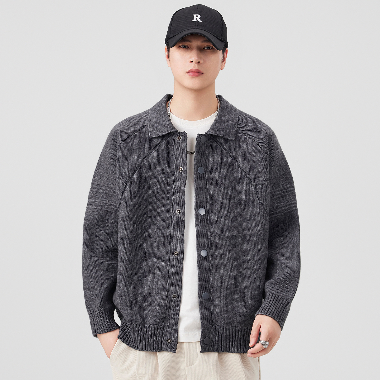 American Retro Polo Collar Knitwear Men's Autumn and Winter Trendy Brand Splicing Deconstructed Design Pure Color Knitwear Jacket Wholesale